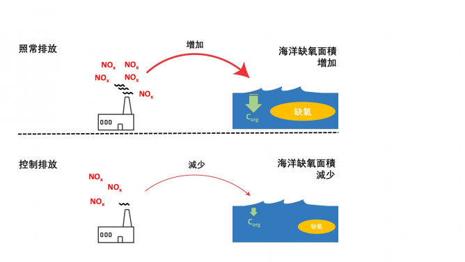 從大氣的NOx排放到海洋缺氧產生的連鎖效應 ；文章插圖
(https://pubs.acs.org/doi/abs/10.1021/acs.est.0c00706)